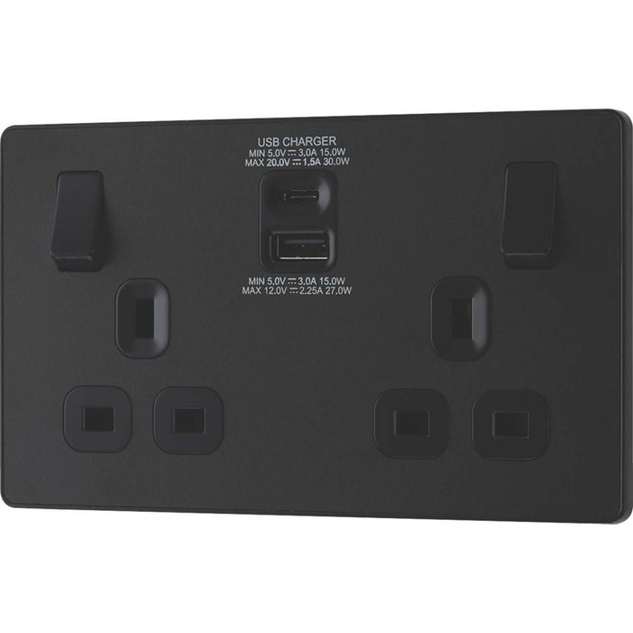 Double Wall Plug Socket 13A 2 Gang Switched 3A 2 USB Ports Type A C Matt Black - Image 3