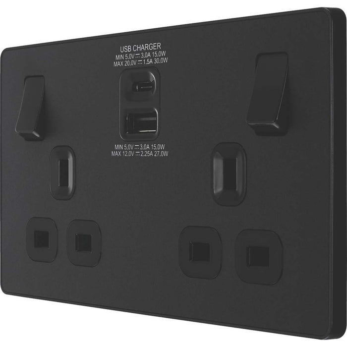 Double Wall Plug Socket 13A 2 Gang Switched 3A 2 USB Ports Type A C Matt Black - Image 5