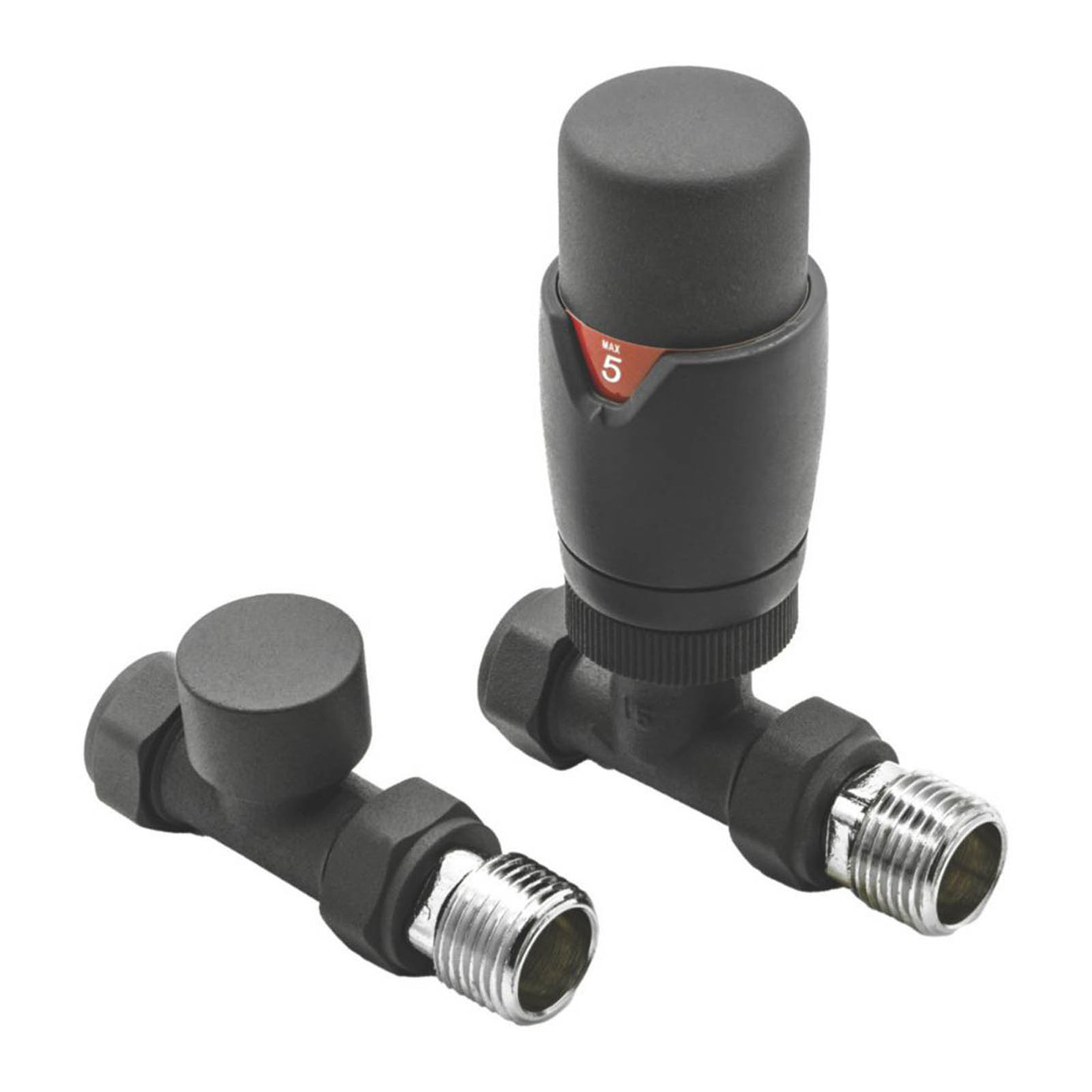 Reina Modal TRV 15mm x 15mm Anthracite Straight & L/S Designer Thermostatic Radiator Valve & Lockshield - Image 1