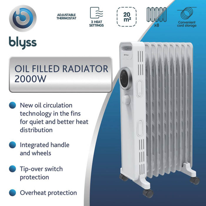 Blyss Oil-Filled Radiator 2000W Electric NY2009-24M Metal White Freestanding - Image 4