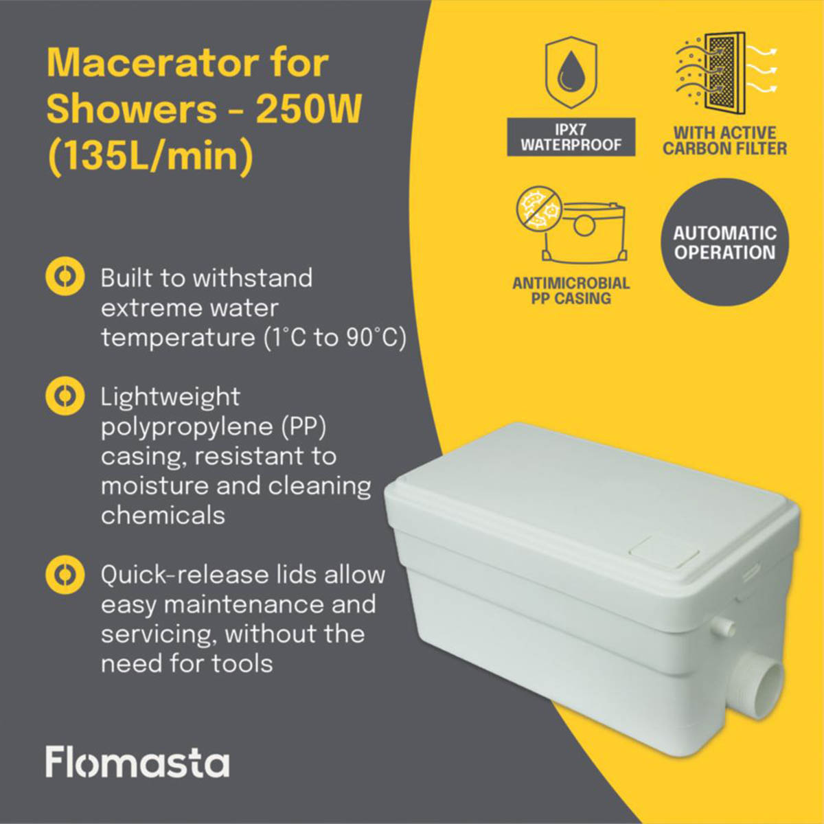 Flomasta Macerator Shower Basin Bidet Robust Quiet Operation Automatic 250W 240V - Image 2