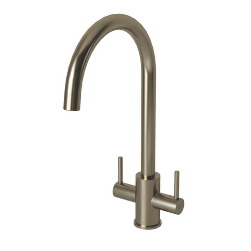 Kitchen Tap Mono Mixer Double Lever 1/4 Turn Brushed Steel Swivel Spout Modern - Image 1