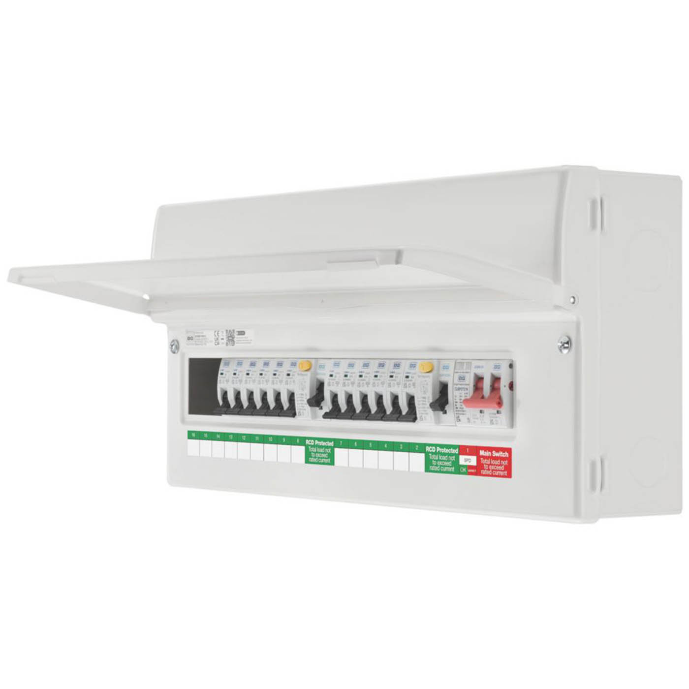 British General Circuit Protection 15-Module 12-Way Part-Populated High Integrity Main Switch Consumer Unit with SPD - Image 1