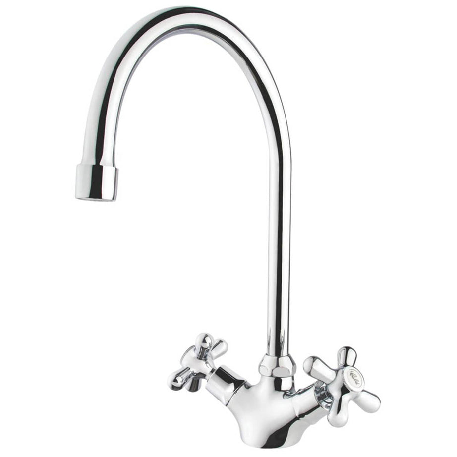 Swirl Kitchen Mono Mixer Tap Chrome Double Lever Swan Neck Spout Traditional - Image 1