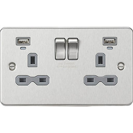 Knightsbridge Switched Socket 13A 2 Gang Type A USB Charger 2.4A Brushed Chrome - Image 1