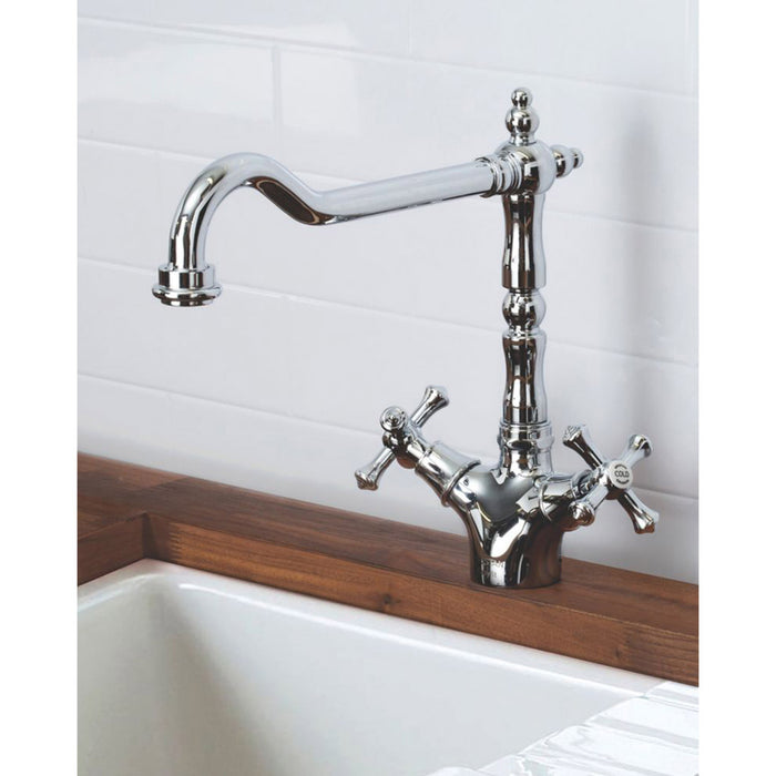Kitchen Mixer Tap Chrome Traditional Double Lever Swivel Spout Deck-Mounted - Image 2