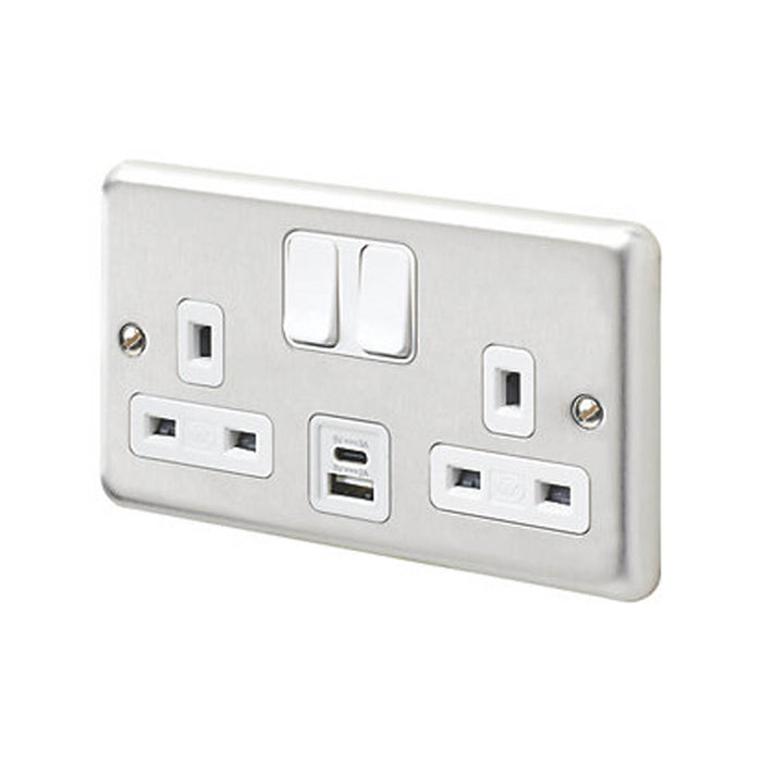 Switched Socket 13A 2 Gang Type A C USB Charger 3A 15.5W Brushed Stainless Steel - Image 1