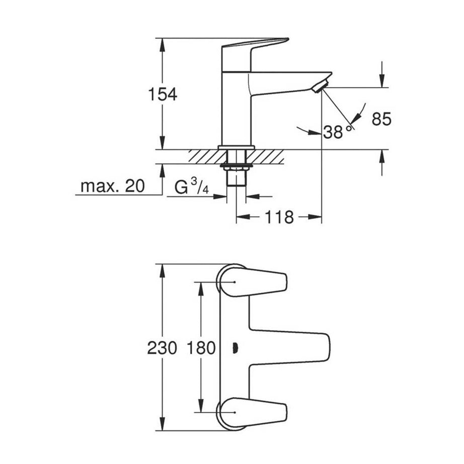 Grohe Bath Filler Tap Mixer Chrome Dual Lever 1/4 Turn Modern Bathroom Faucet - Image 2