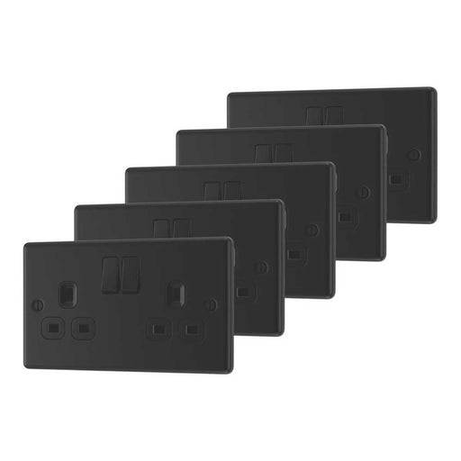Switched Socket Double 13A 2-Gang SP Matt Black With Black Inserts 5 Pack - Image 1