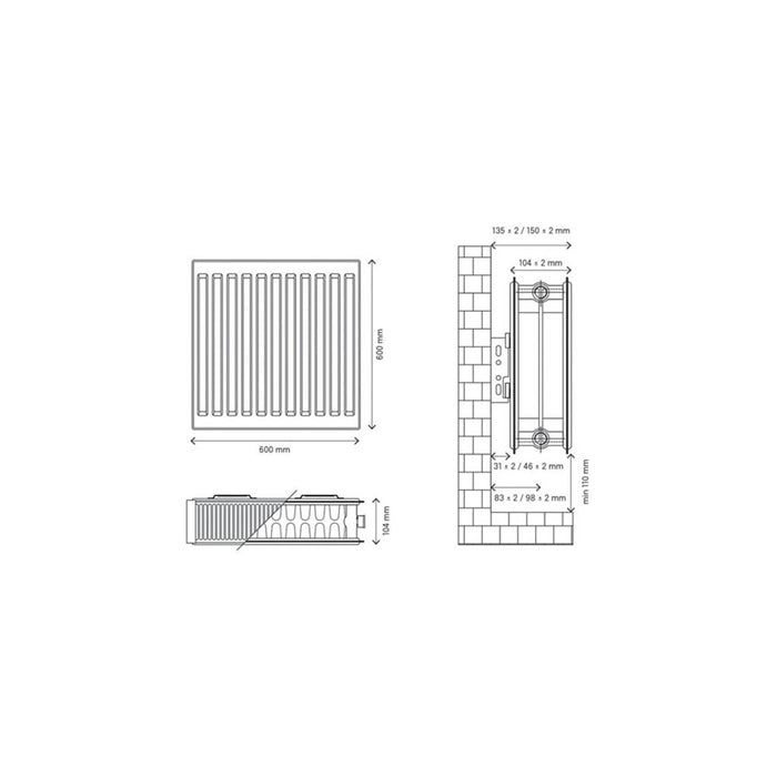 Flomasta Convector Radiator 22 Double Panel White Square 1026W (H)60x(W)60cm - Image 2