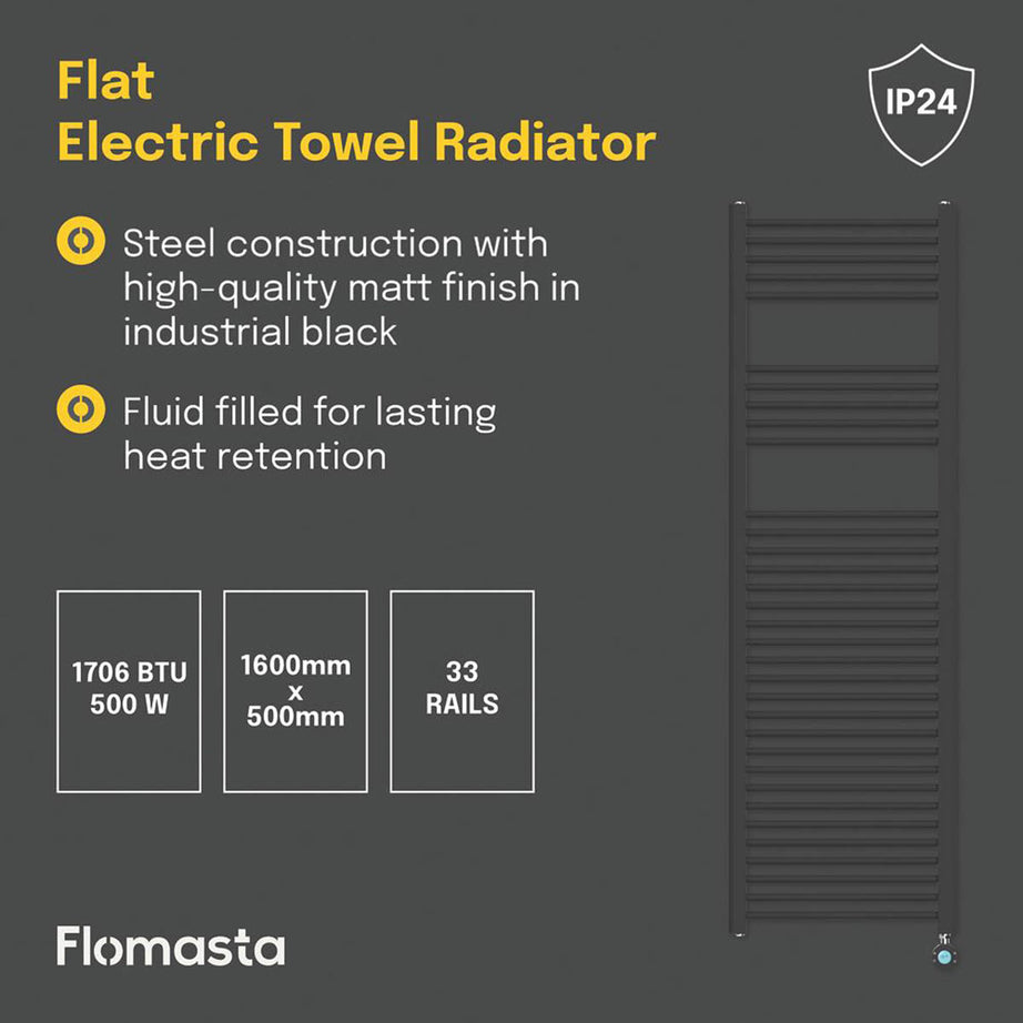 Flomasta Electric Towel Radiator Flat Black Programmable 1600mm x 500mm 1706BTU - Image 4