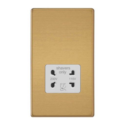 Varilight  2-Gang Dual Voltage Shaver Socket 115 / 230V Brushed Brass with White Inserts - Image 1