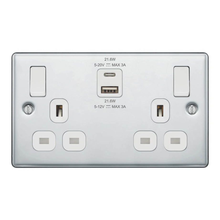 LAP  13A 2-Gang SP Switched Socket + 3A 22W 2-Outlet Type A & C USB Charger Polished Chrome with White Inserts - Image 1