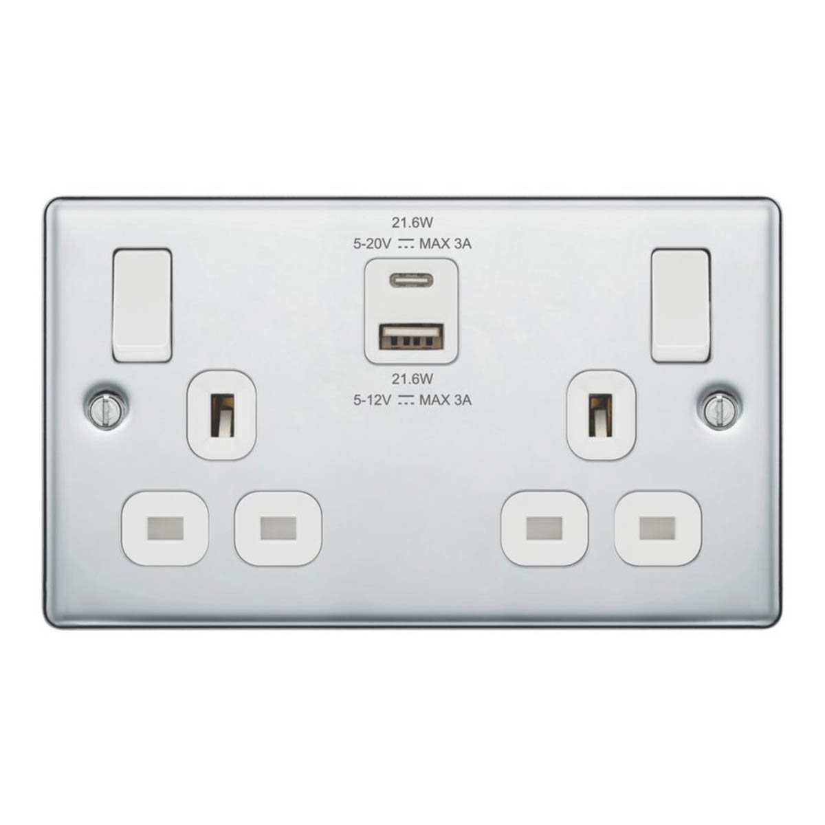 LAP  13A 2-Gang SP Switched Socket + 3A 22W 2-Outlet Type A & C USB Charger Polished Chrome with White Inserts - Image 1