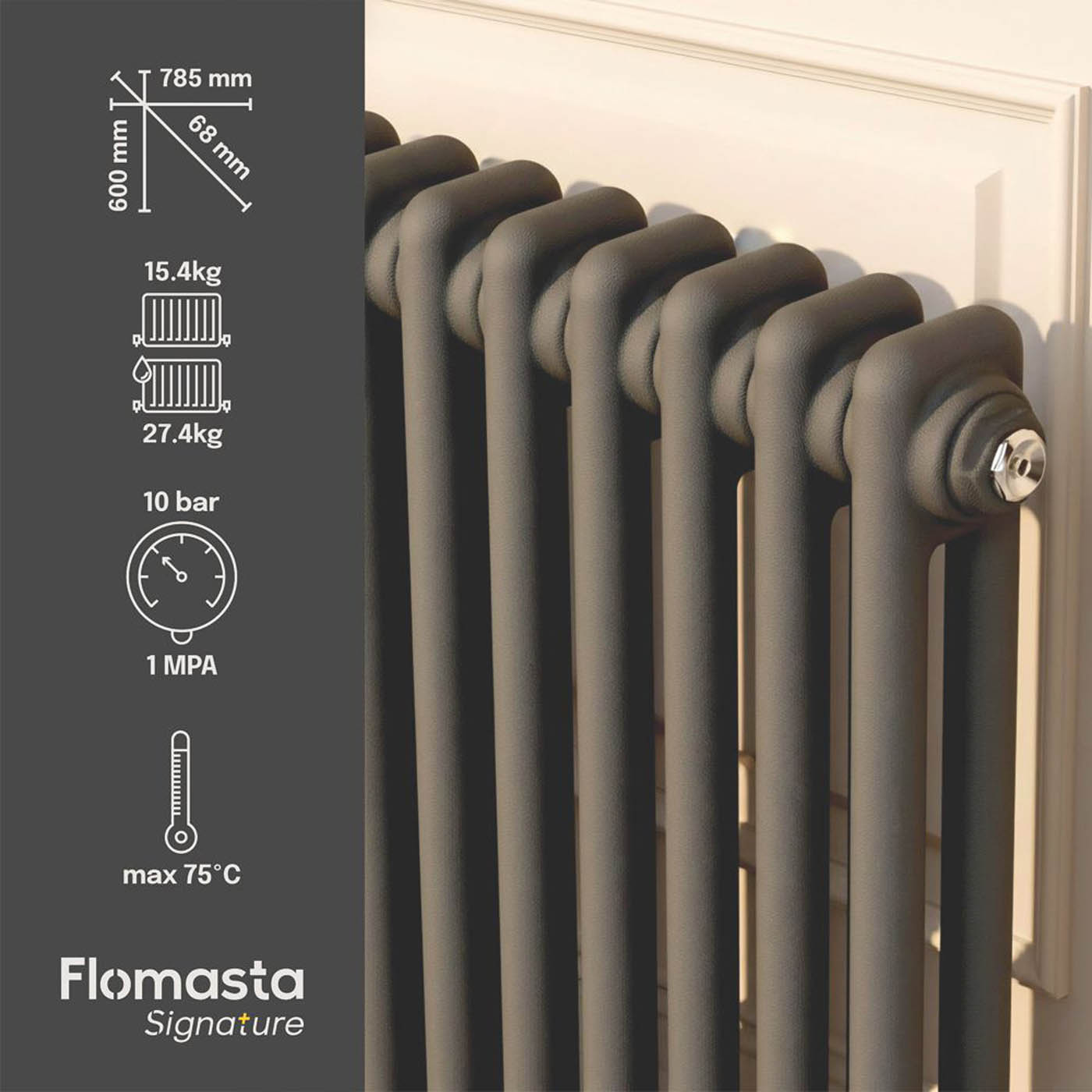 Flomasta 2 Column Radiator Anthracite Horizontal Steel Modern (H)60x(W)78.5cm - Image 4