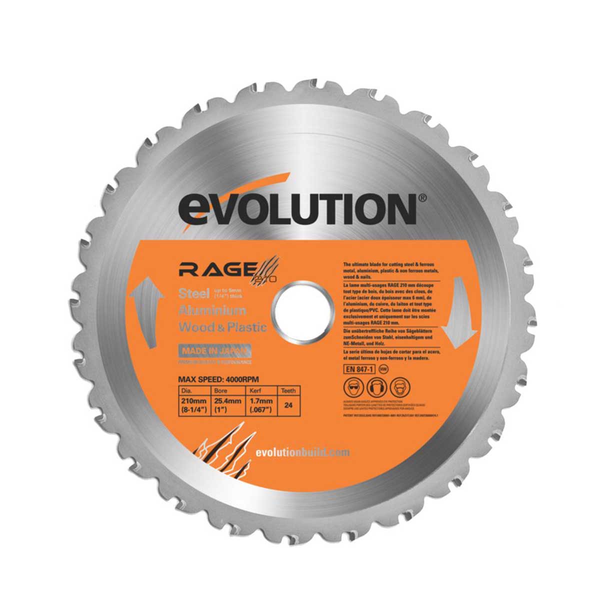 Evolution Circular Saw Blade RAGE210TCT 24T 210x25.4mm Aluminium Plastic Wood - Image 1