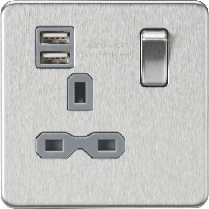 Knightsbridge  13A 1-Gang SP Switched Socket + 2.4A 12W 2-Outlet Type A USB Charger Brushed Chrome with Colour-Matched Inserts - Image 1