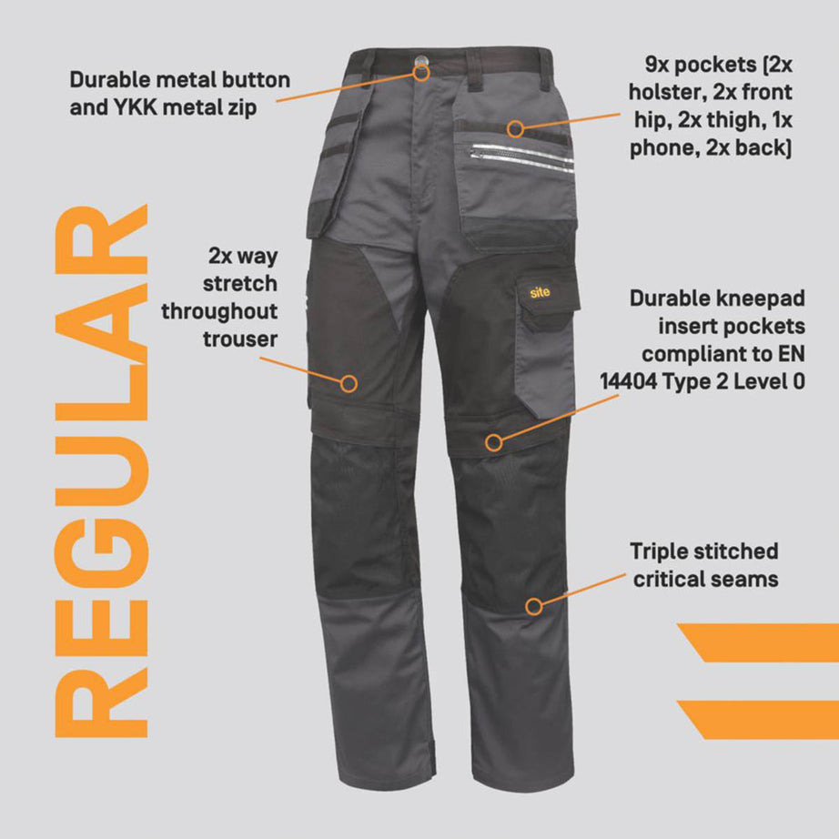 Site Work Trousers Mens Regular Fit Grey Black Stretch Multi Pockets 28"W 30"L - Image 4