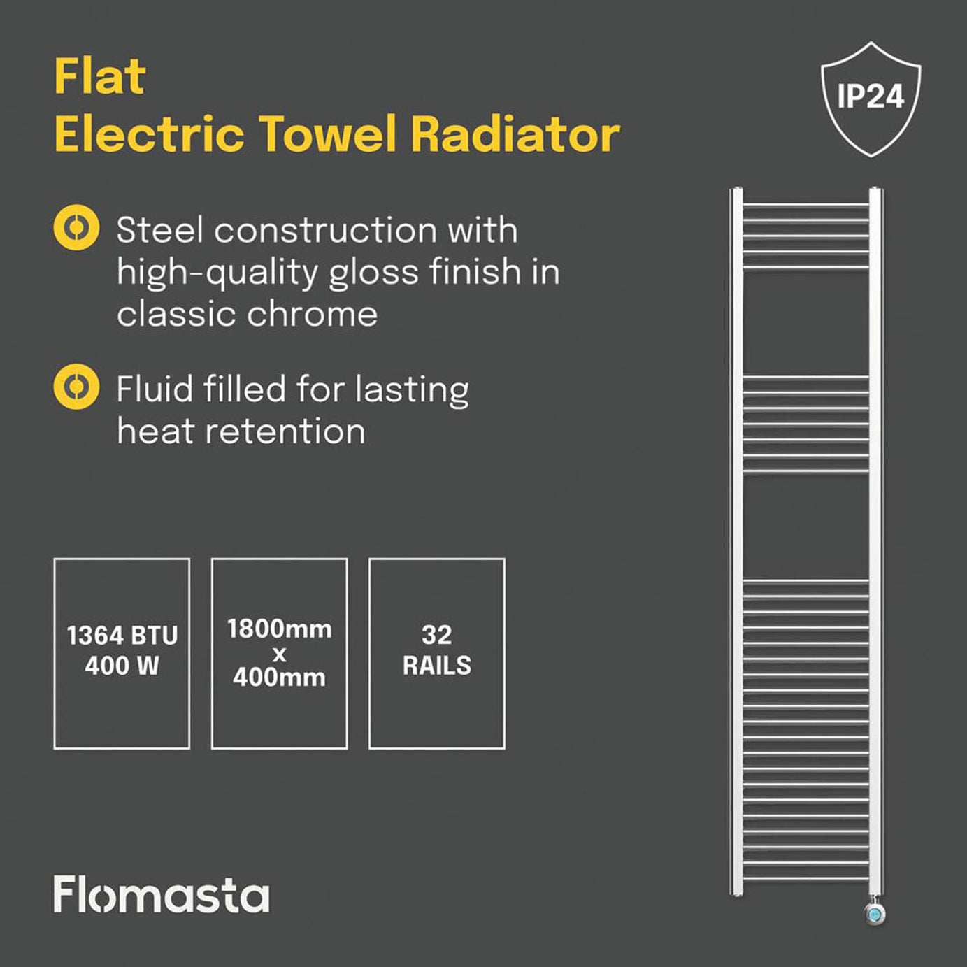 Flomasta Towel Radiator Electric Chrome Flat Programmable 1800mm x 400mm 1364BTU - Image 4