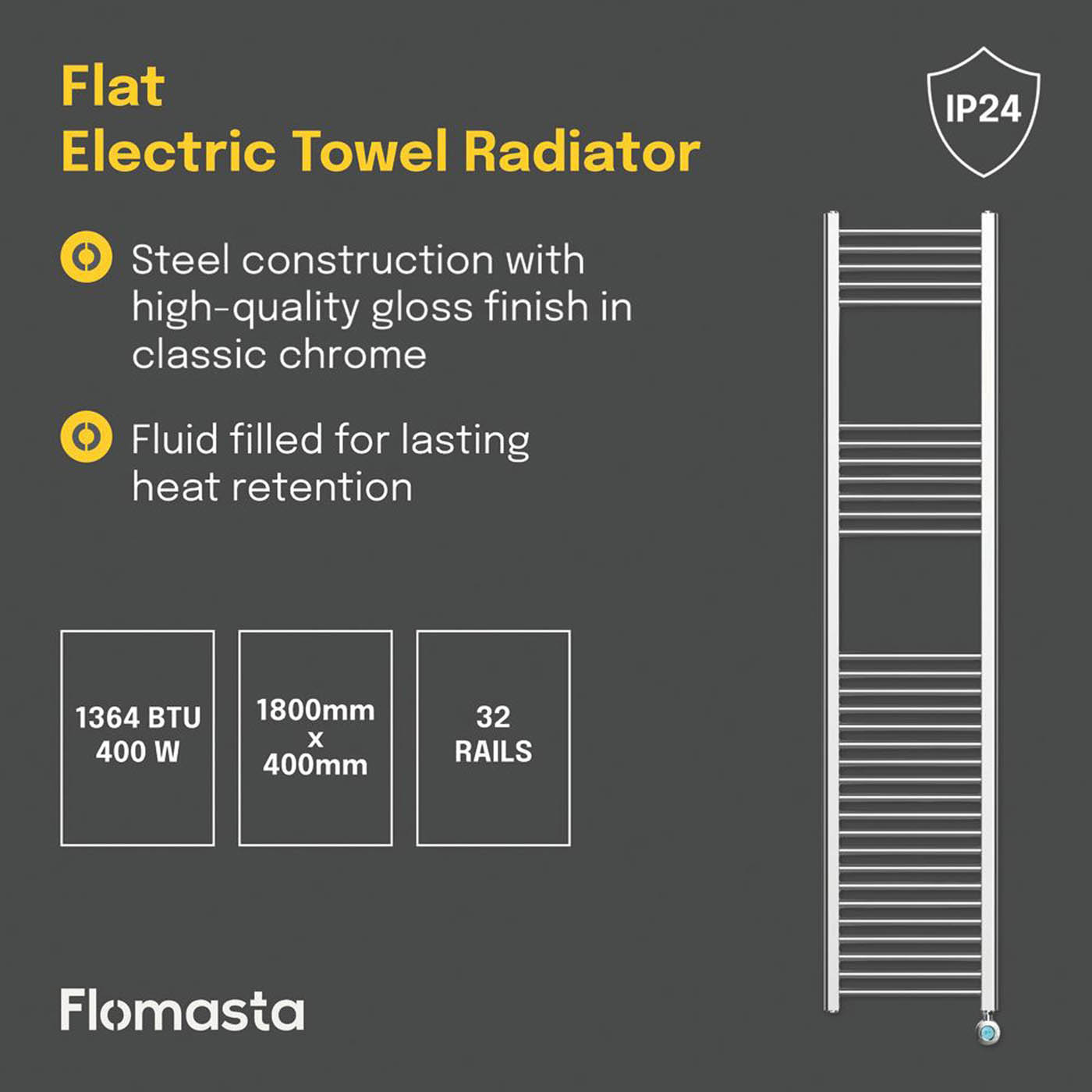 Flomasta Towel Radiator Electric Chrome Flat Programmable 1800mm x 400mm 1364BTU - Image 4