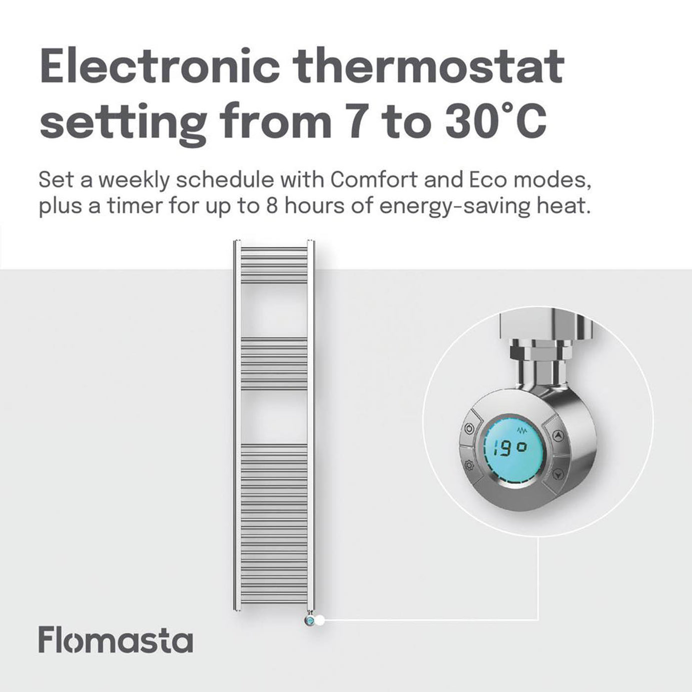 Flomasta Towel Radiator Electric Chrome Flat Programmable 1800mm x 400mm 1364BTU - Image 5