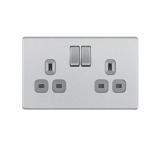 LAP Power Socket 2 Gang Switched Screwless Brushed Steel Flat 13A 240V Pack Of 5 - Image 1