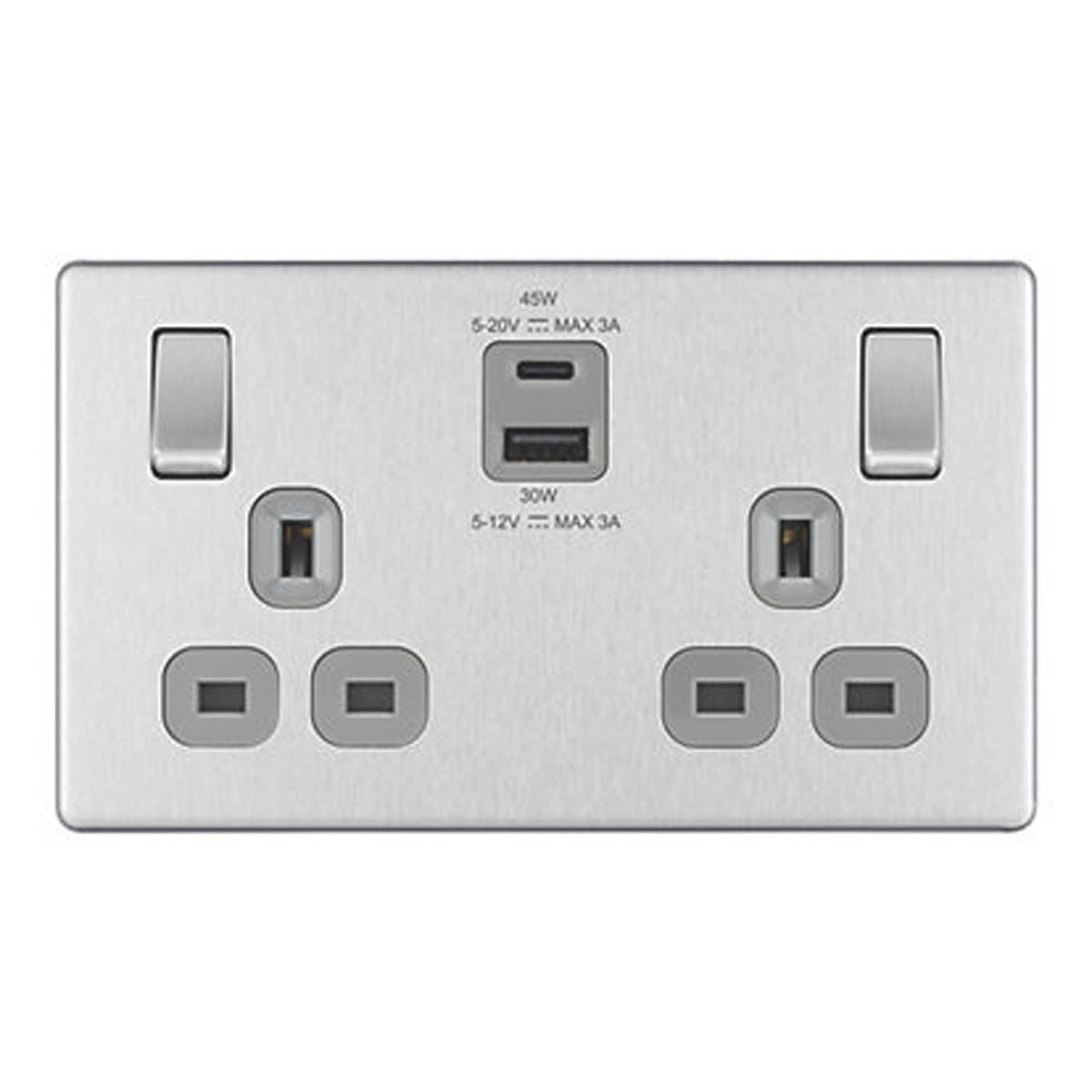 LAP 13A 2-Gang SP Switched Socket + 3A 45W 2-Outlet USB Charger Brushed Steel - Image 1