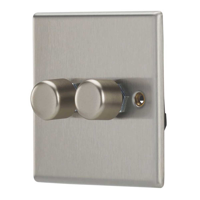 LED Dimmer Switch Wall 2-Gang 2-Way Push On Off Rotary Brushed Steel Slim - Image 1