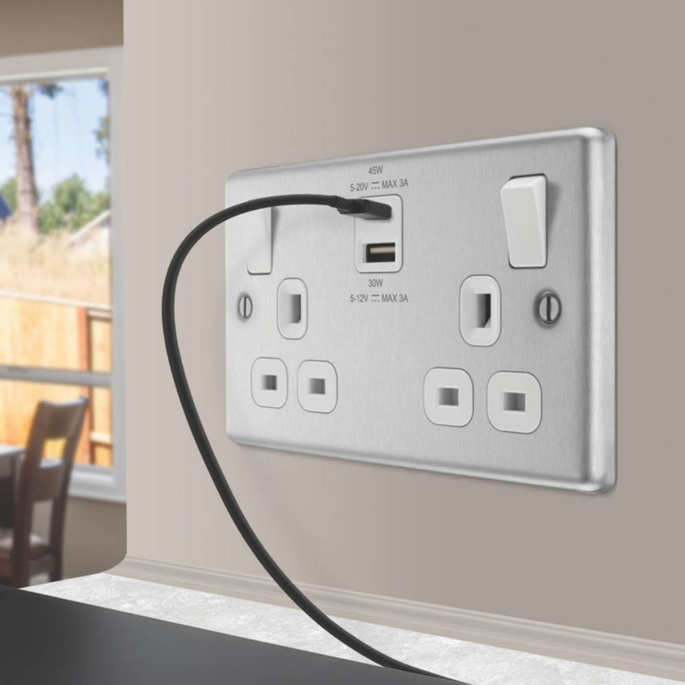 LAP Switched Socket SP 13A 2-Gang Type A C USB Charger Brushed Steel Raised - Image 1