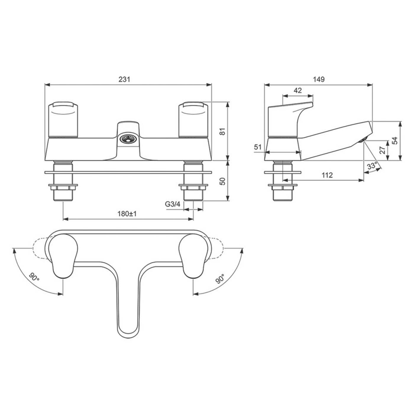 Ideal Standard Cerabase Chrome 81mm Deck Mounted Lever 2 Tap Holes Bath Mixer Tap - Image 3