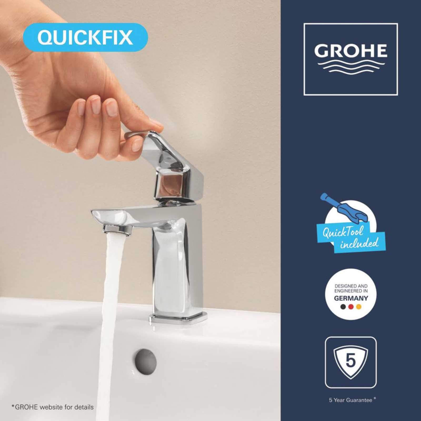 Grohe Dice Chrome 185mm Standard Lever Mono Basin Mixer Tap  With Clicker Waste - Image 5