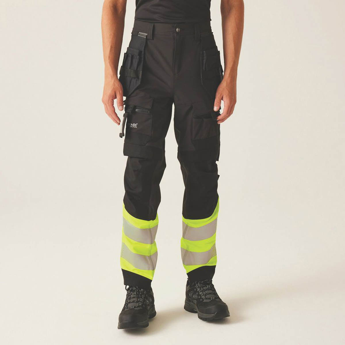 Regatta Hi Vis Work Trousers Mens Slim Fit Black Yellow Multi Pockets 38"W 32"L - Image 3