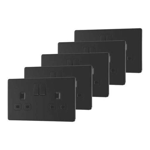 Switched Wall Socket 13A 2-Gang DP Matt Black With Black Inserts Flat 5 Pack - Image 1