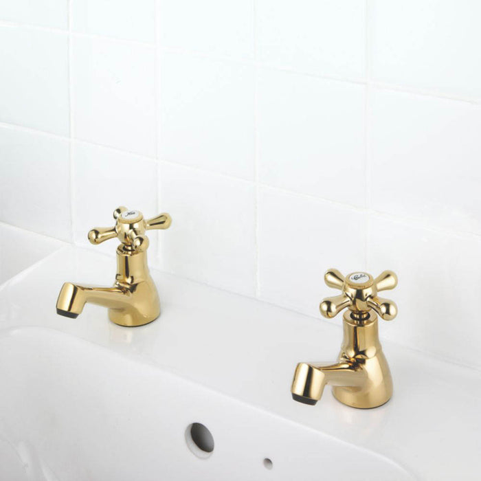 Basin Taps Bathroom Pillar Faucet Gold Brass Traditional Cross Head Hot And Cold - Image 2