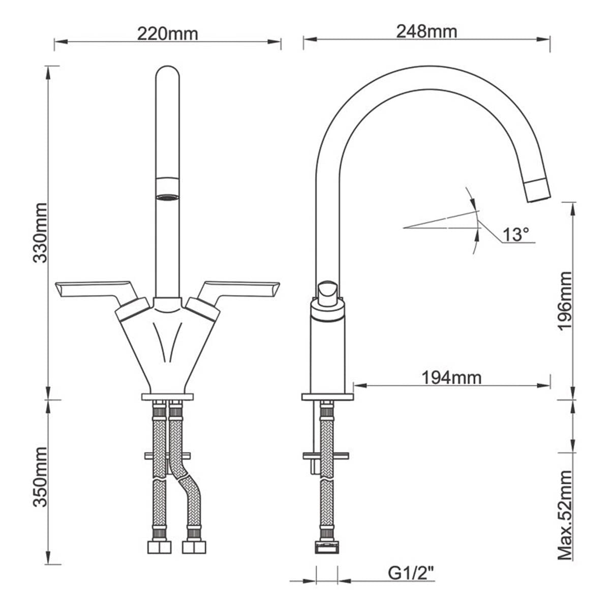 Kitchen Tap Mono Mixer Chrome Ceramic Disc Double Lever Anti Limescale Spout - Image 7