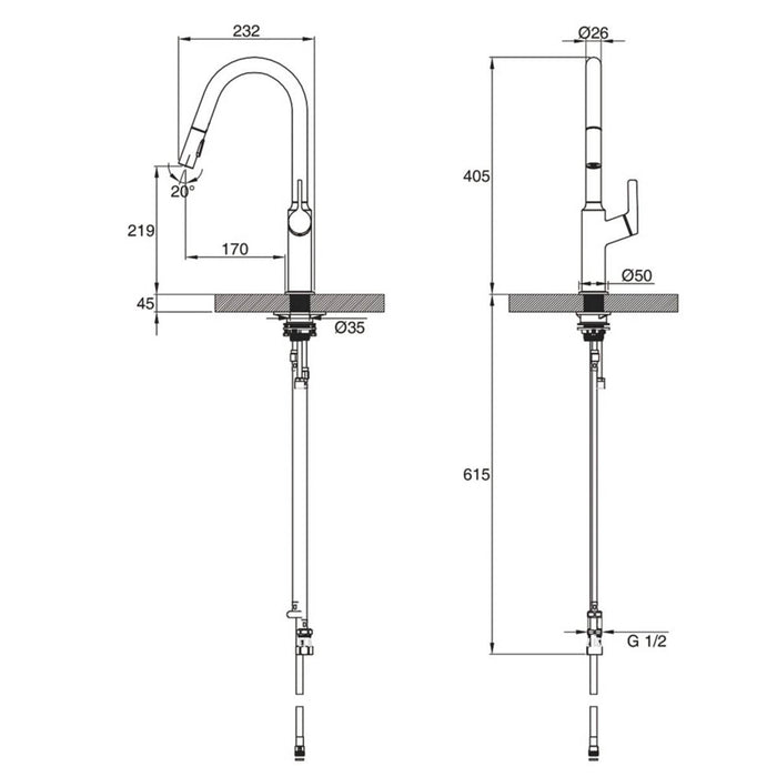 Kitchen Tap Mixer Matt Black Single Lever Twin Spray Pull-Out Spout Contemporary - Image 6