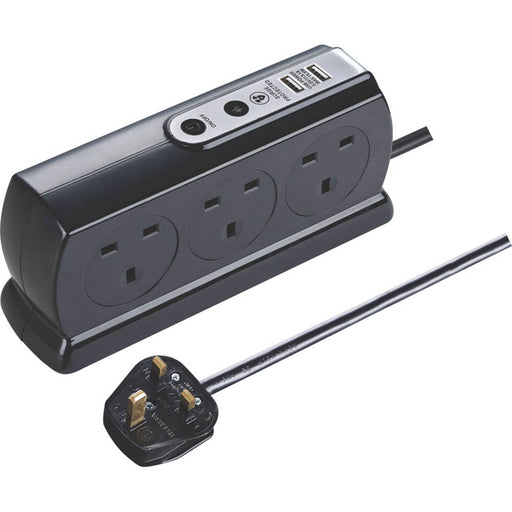 Masterplug 13A 6-Gang Switched Surge-Protected Extension Lead + 3.1A 2-Outlet Type A USB Charger Gloss Black 2m - Image 1