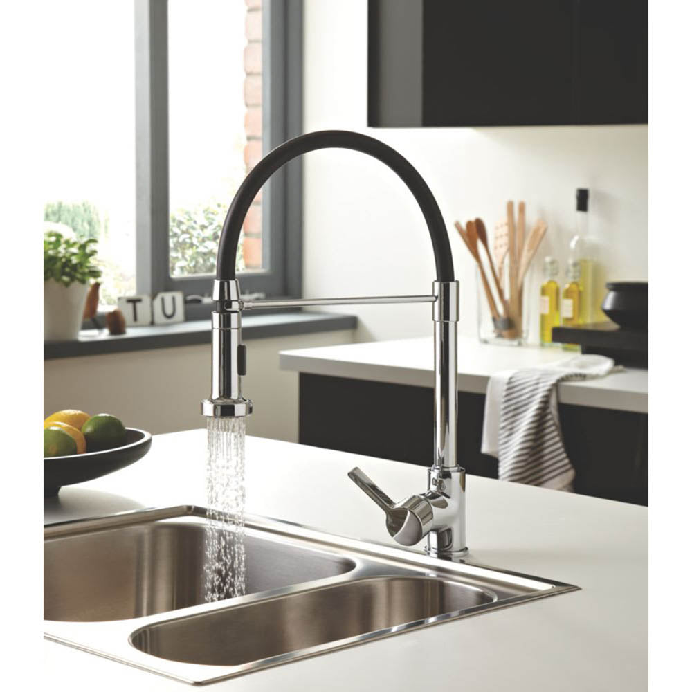 Kitchen Mono Mixer Tap Single Lever Pull Out Spout Chrome Ceramic Curved Neck - Image 2