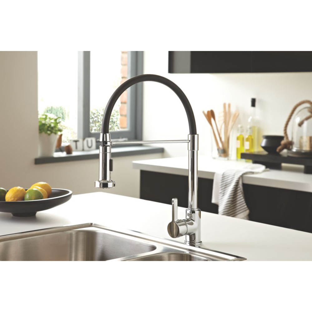 Kitchen Mono Mixer Tap Single Lever Pull Out Spout Chrome Ceramic Curved Neck - Image 3