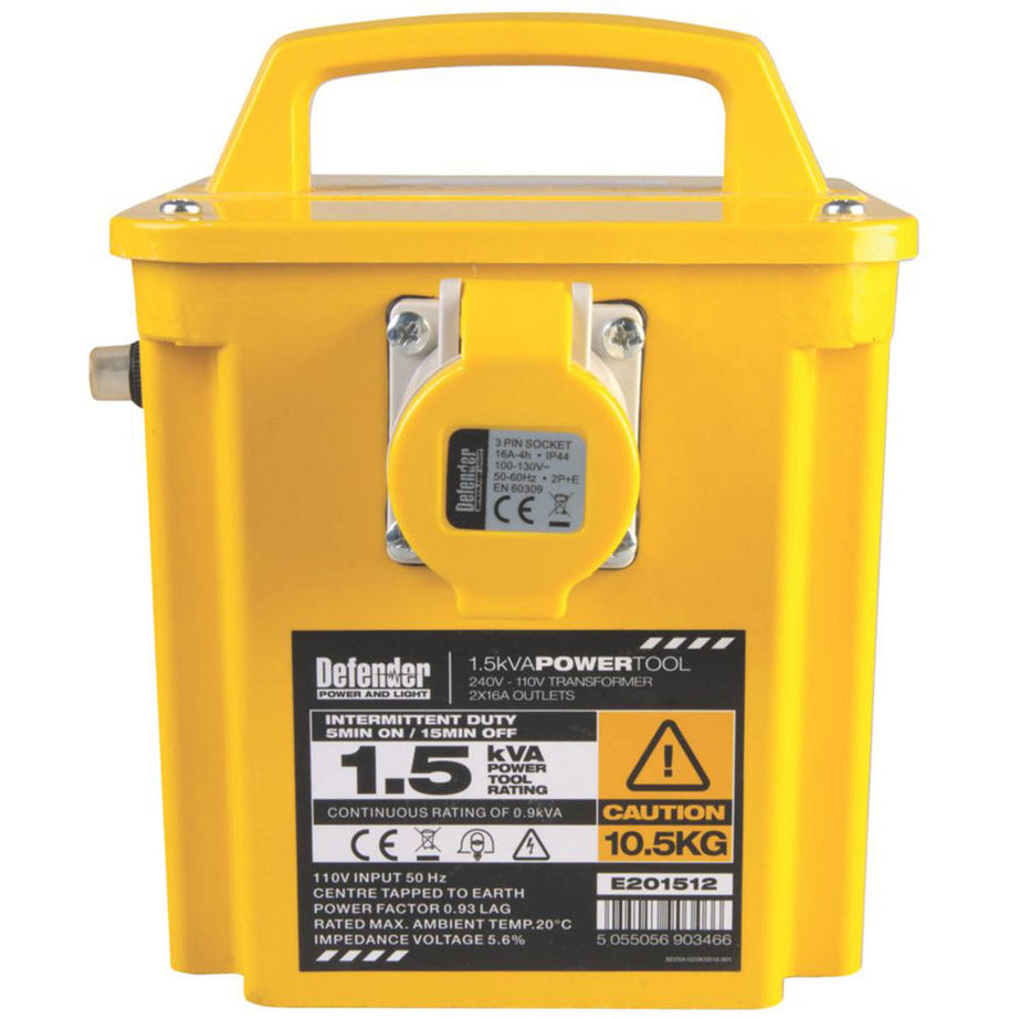 Defender Step-Down Transformer 230V/110V Yellow Freestanding 1.5kVA Intermittent - Image 3