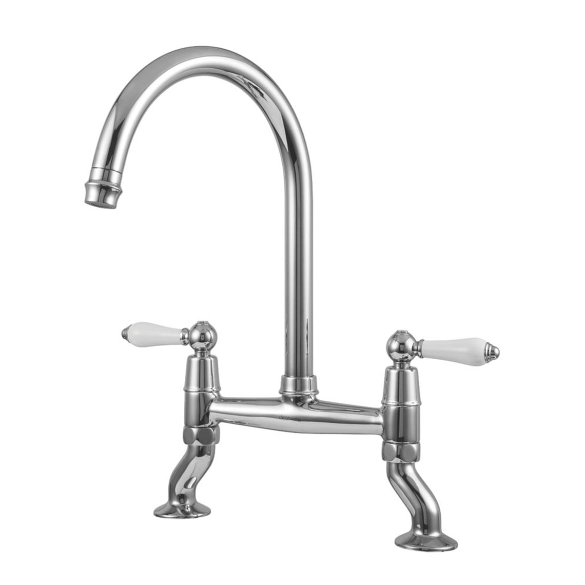 Kitchen Mixer Tap Chrome Dual-Lever Swivel Spout Tall Swan Neck Traditional - Image 1