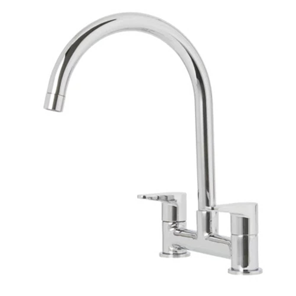 Kitchen Mixer Tap Chrome Dual Twin Lever Bridge Deck-Mounted Swivel Spout - Image 3