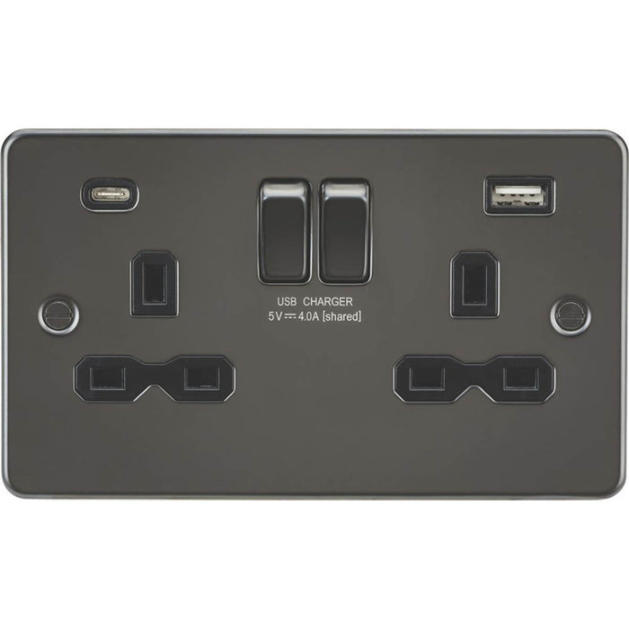 Switched Wall Socket Double 13A 2-Gang 2-Outlet Type A C USB Charger Grey - Image 1