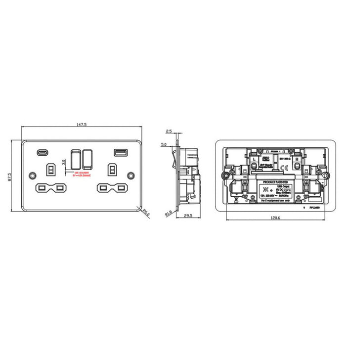 Switched Wall Socket Double 13A 2-Gang 2-Outlet Type A C USB Charger Grey - Image 6