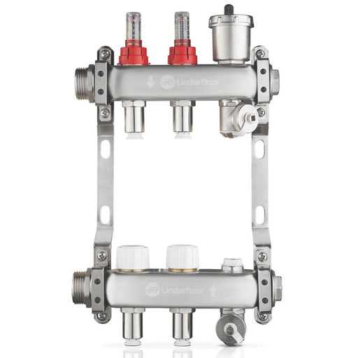 Underfloor Heating Manifold 2 Port Lowfit Brushed Steel Push-Fit Connection - Image 1