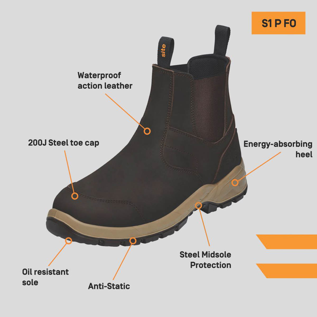 Site Safety Dealer Boots Mens Standard Fit Brown Waterproof Steel Toe Size 9 - Image 3