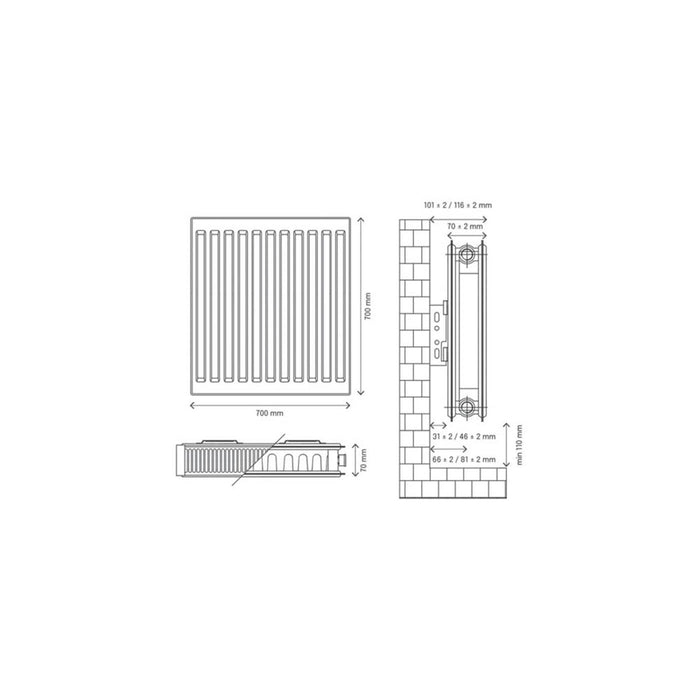 Flomasta Convector Radiator 21 Double Panel White Square 1064W (H)70x(W)70cm - Image 4