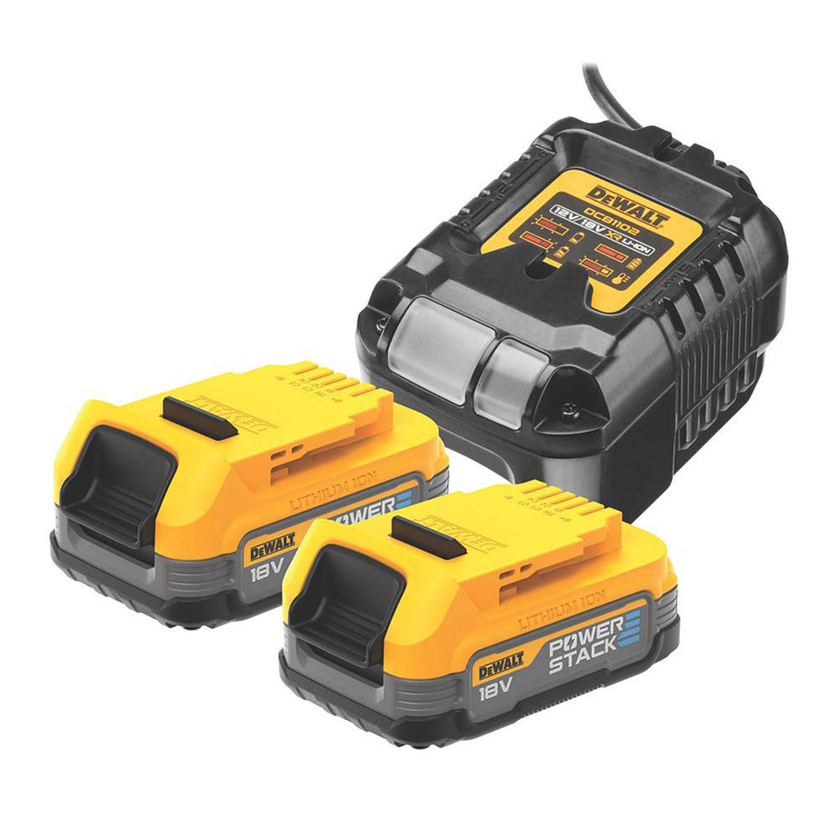 DeWalt 2 x Battery And Charger Kit DCB1102E2-GB 18V 1.7Ah Li-Ion Power Stack - Image 1