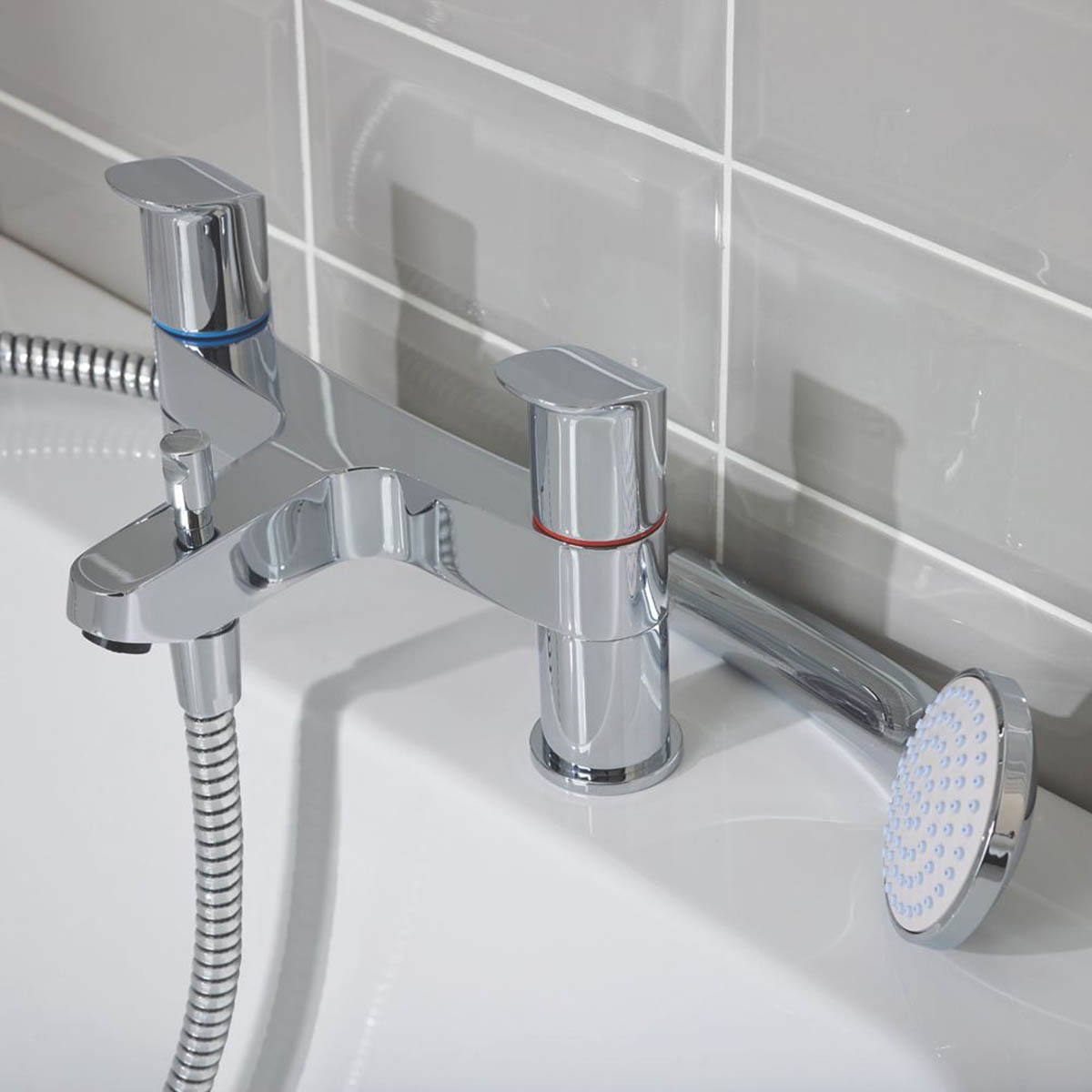 Bath Filler Tap With Shower Mixer Chrome Dual Lever Round Head Bathroom Modern - Image 2
