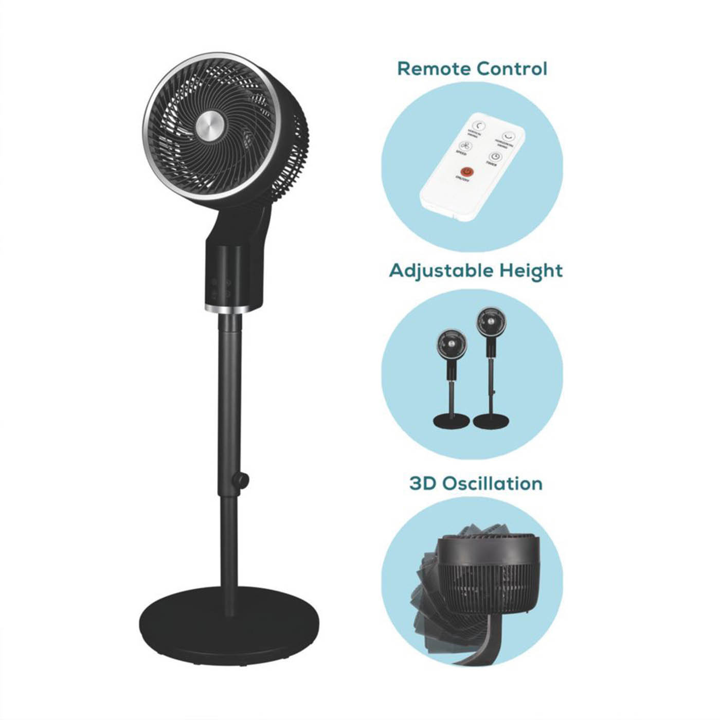 TCP Pedestal Fan Black 255mm 3 Speed Oscillating Adjustable Portable Smart Timer - Image 6